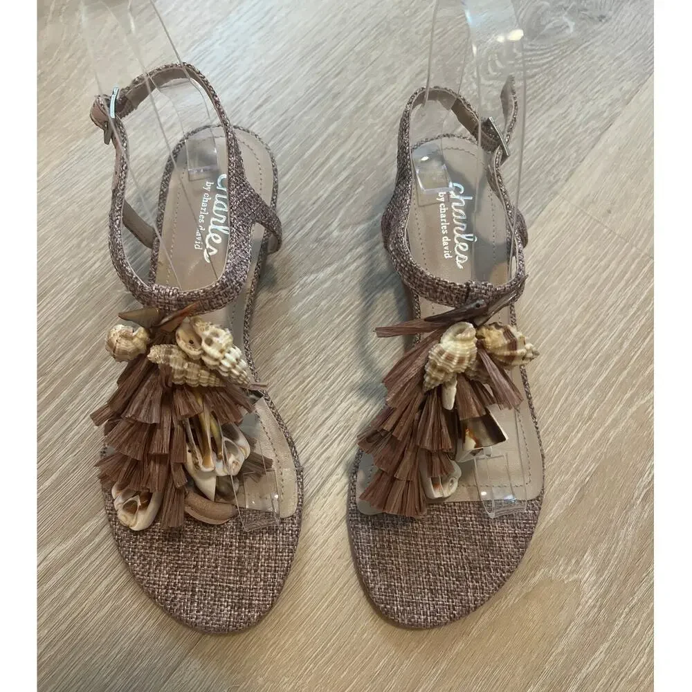 Charles by Charles David Seashell Flat Sandal Size 6M Beach Wear Wedding Coastal - Picture 2 of 5